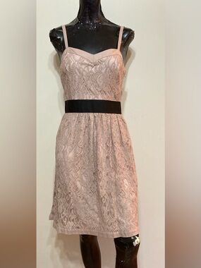 Sleeveless Blush Lace Dress with Black Waistband. Item# TSd29